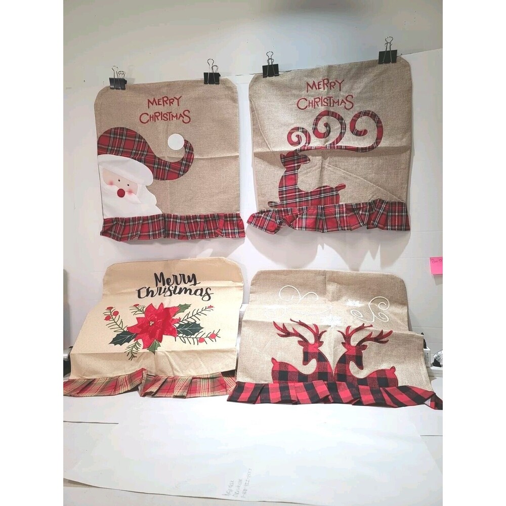 NEW Set Of 4 Farmhouse Cabin Deer Poinsettias Christmas Chair Covers NIB